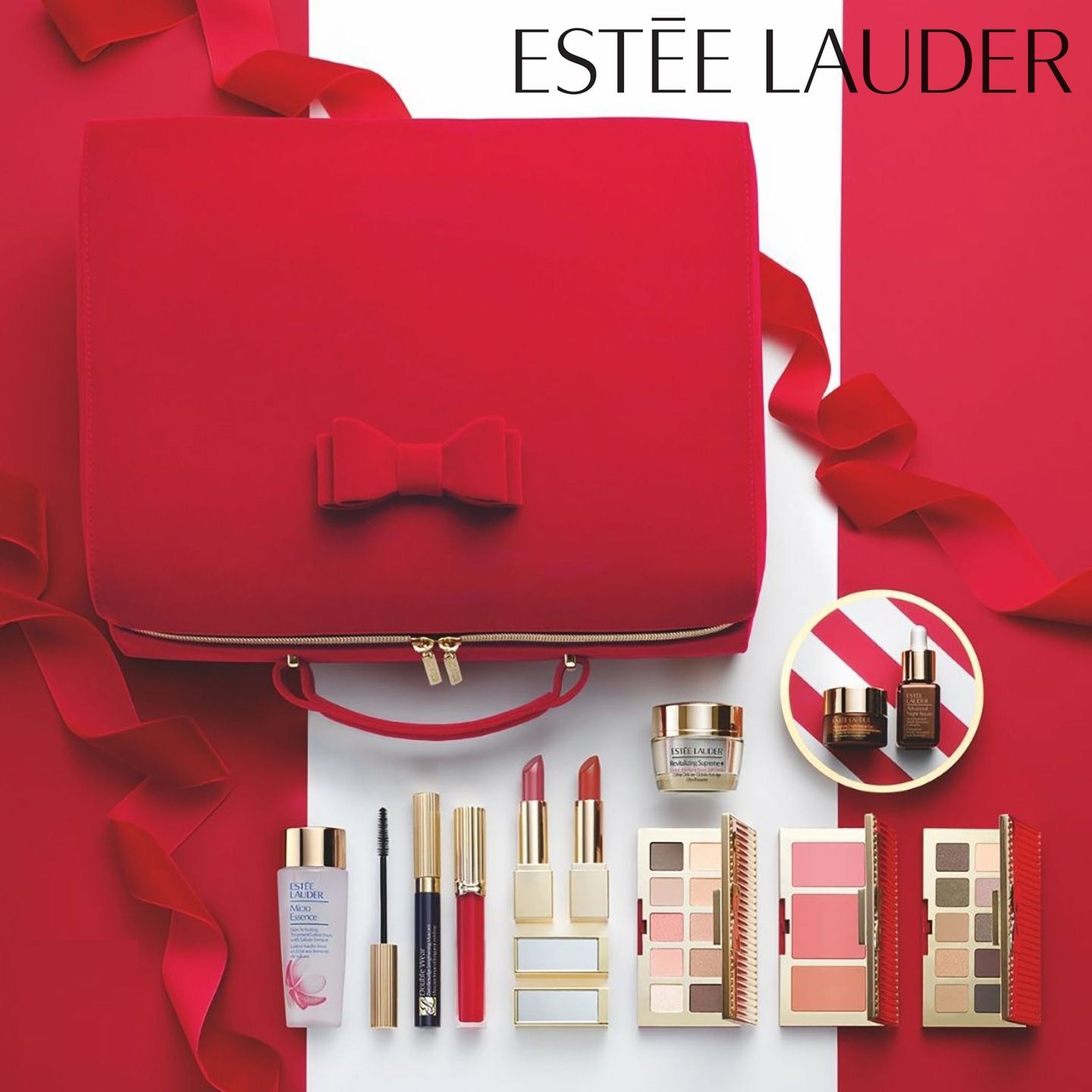 Estee Lauder Holiday Blockbuster 2020 USA Gift Set 14 pcs.  ประกอบไปด้วย   -New Advanced Night Repair 30ml  -Pure Color Envy Eye Shadow Palettes in NUDES (10 shades) and GLAM (10 shades)—20 essential shades in all (total net wt. for each palette 3.7g)  -Pure Color Envy Cheek Palette in GLOW, with 3 essential shades: Bronze Goddess Shade Medium, 220 Pink Kiss and Modern Mercury (total wt. 8.7g)  -Sumptuous Extreme Mascara, 8ml  -Pure Color Envy Lipsticks, 3.5 g each, in 184 Knockout Nude and 333 Persuasive  -Pure Color Envy Lip Gloss, 2.7ml, in 115 Flash Fire  -Advanced Night Repair Eye Supercharged Complex 5ml  -Revitalizing Supreme+ Creme, 7ml  -Gentle Eye Makeup Remover, 100ml  -Train Case