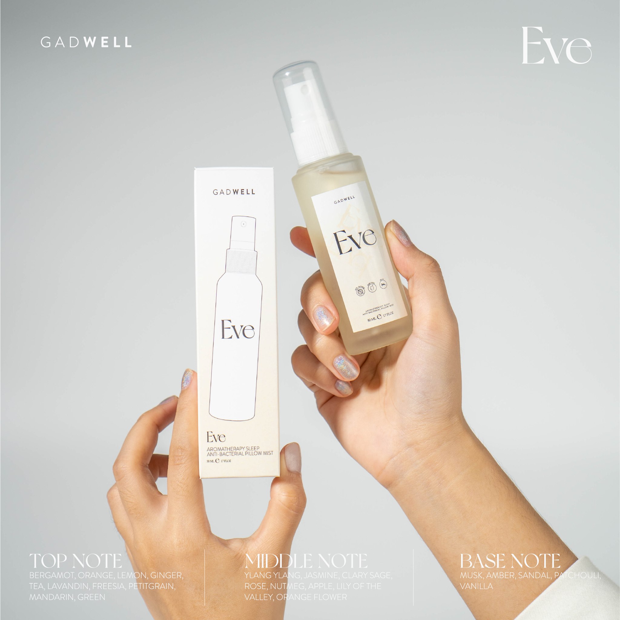 Gadwell Eve Aroma Therapy Sleep Anti-Bacterial Pillow Mist 50ml สเปร์ยแอนตี้แบคทีเรียฉีดหมอน เพื่อจะกล่อมให้คุณนอนหลับสบาย กลิ่นจากผลไม้กับกลีบดอกไม้นานาพันธุ์